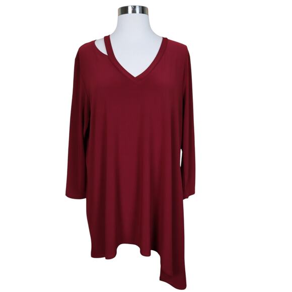 Clara Sun Woo Womens Asymmetrical Tunic Top Size Medium Dark Red Cutout Sleeve - Picture 1 of 10